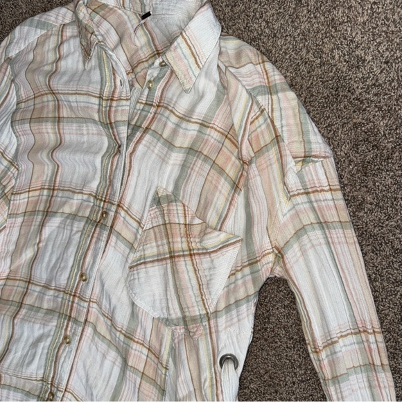 Free People Plaid Button-Up Shirt with Side Ties Womens Oversized Small EUC - Picture 4 of 12